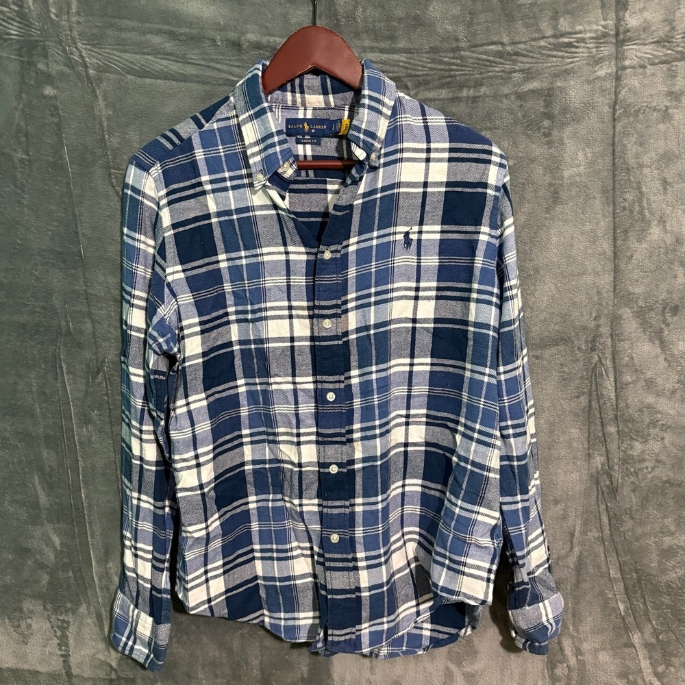 Ralph Lauren Flannel Mens Large Blue Long Sleeve Button Down Shirt Preppy